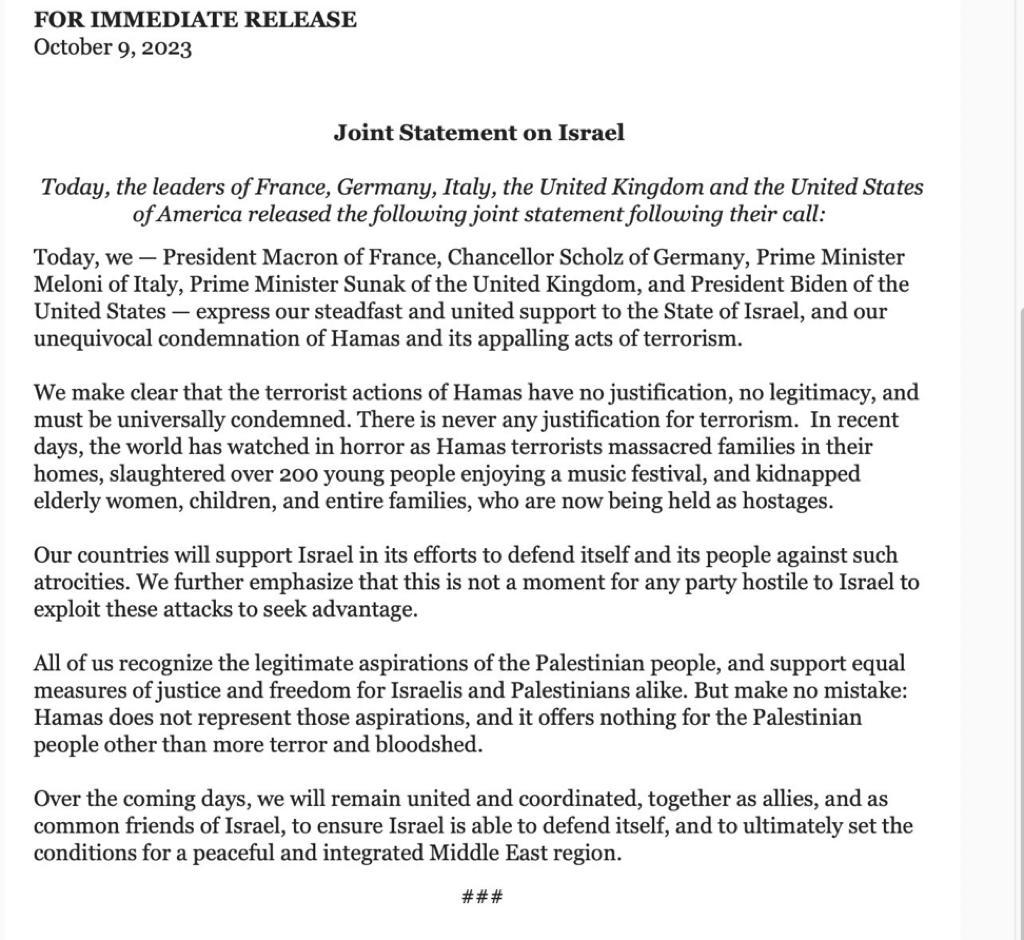 Joint Statement on Hamas invasion of Israel