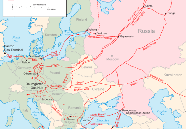 Map of the major existing and proposed Russian natural gas transportation pipelines in Europe