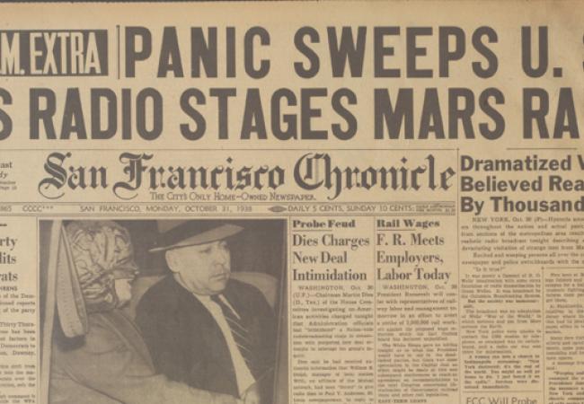 SF Chronicle Oct 31 6am Extra with headline 'Panic Sweeps U.S. as Radio Stages Mars Raid'