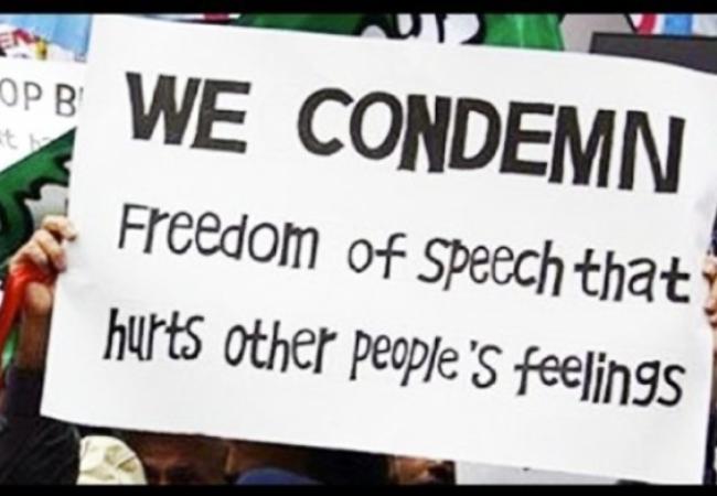 Placard stating "We condemn freedom of speech that hurts other people's feelings"