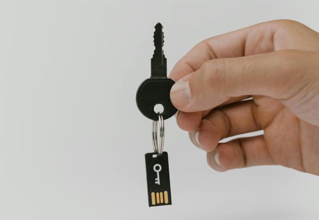 Hand holding a key, with a computer chip suspended from the key