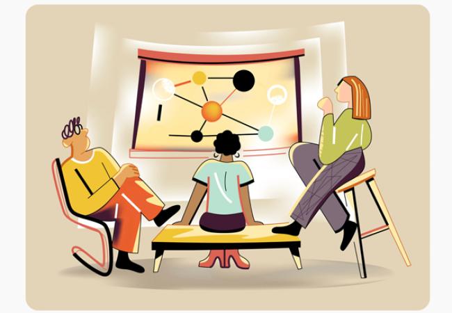 Illustration of three people facing a display board depicting the relationship between generic objects