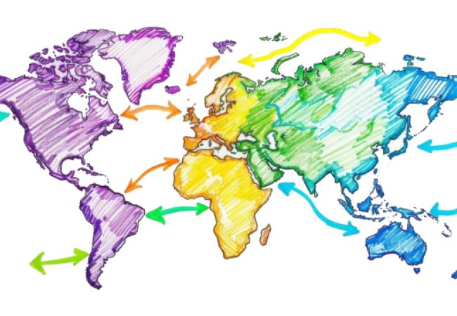 Hand drawn map of the world with arrows pointed to vaious regions
