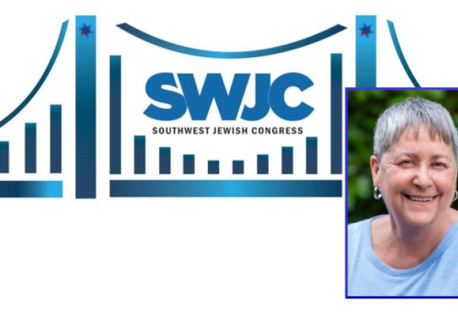 SWJC bridge logo and Susan Myers, smiling