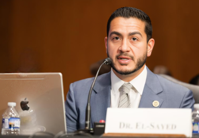 Dr Abdul El-Sayed, in a grey suit, testifying before a US senate committe