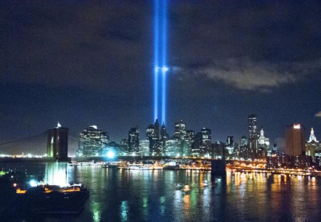 Tribute in Light, NYC, 2010 - 2 banks of spotlights shine into the sky in the footprint of the twin towers