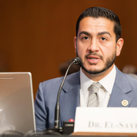 Dr Abdul El-Sayed, in a grey suit, testifying before a US senate committe