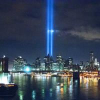 Tribute in Light, NYC, 2010 - 2 banks of spotlights shine into the sky in the footprint of the twin towers