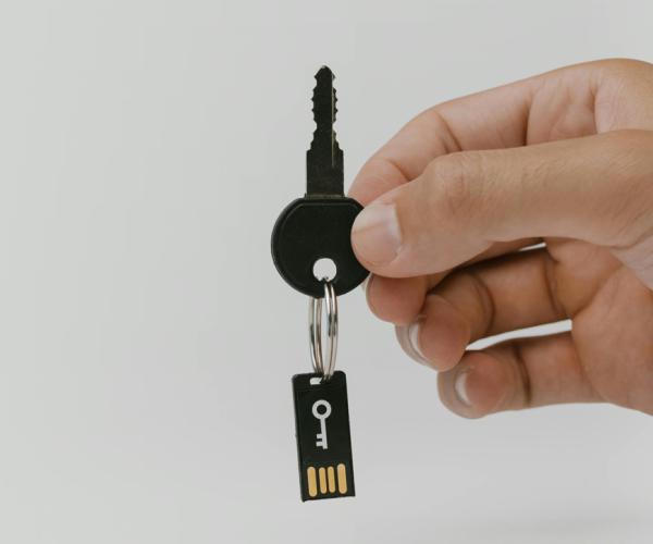Hand holding a key, with a computer chip suspended from the key
