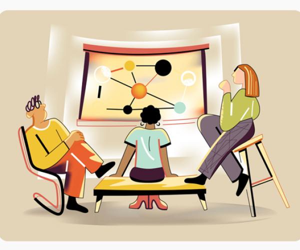 Illustration of three people facing a display board depicting the relationship between generic objects