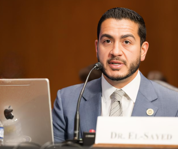 Dr Abdul El-Sayed, in a grey suit, testifying before a US senate committe