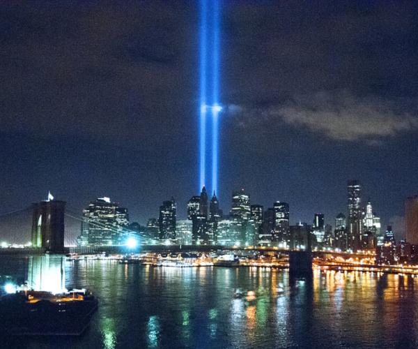 Tribute in Light, NYC, 2010 - 2 banks of spotlights shine into the sky in the footprint of the twin towers