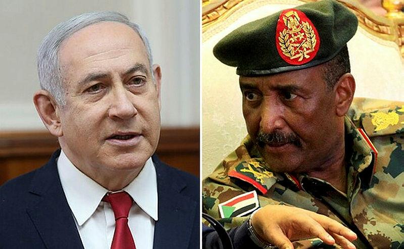 Abdel Fattah al-Burhan, chairman of the Sovereignty Council of Sudan ( R) and Israeli Prime Minister Benjamin Netanyahu