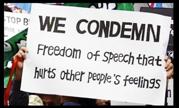 Placard stating "We condemn freedom of speech that hurts other people's feelings"